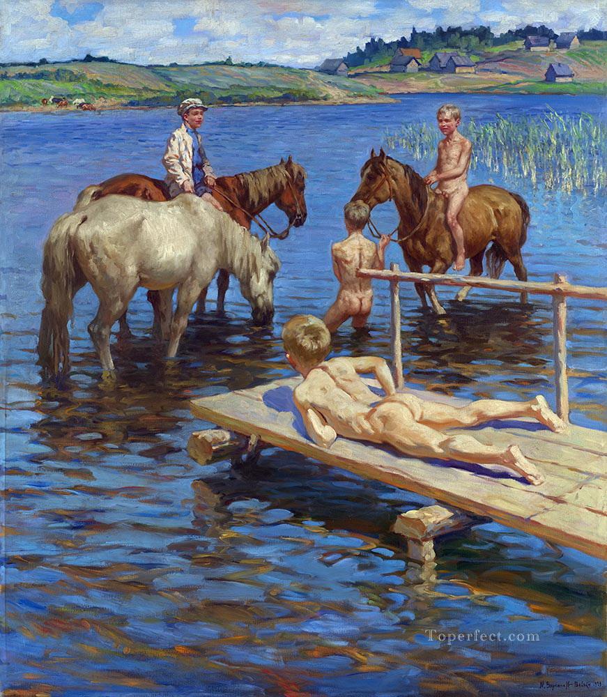 horses bathing Nikolay Bogdanov Belsky  kids animal pet Oil Paintings